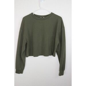 ZARA TRAFALUC Olive Green Cropped Ribbed Long Sleeve Sweatshirt Women's Medium